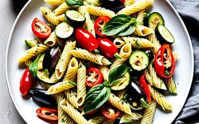 Salade gourmande de pâtes aux légumes grillés et vinaigrette au basilic