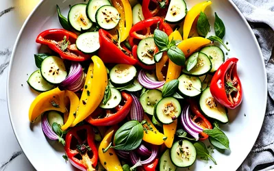 Salade tiède aux poivrons grillés et légumes croquants - Recette facile et saine