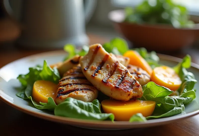 Salade tiède de poulet mariné et mangues fondantes