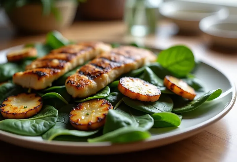Salade tiède d'épinards au poulet grillé et fromage halloumi