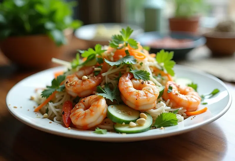 Salade vietnamienne fraîche aux crevettes et herbes aromatiques