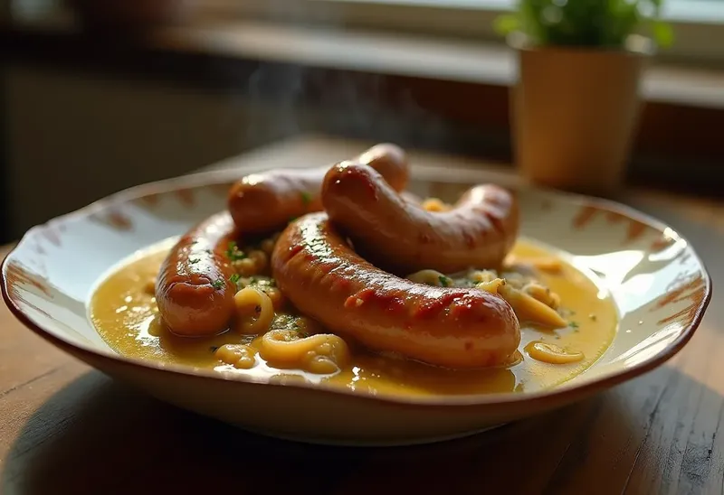 Saucisses généreuses mijotées au vin blanc et moutarde onctueuse