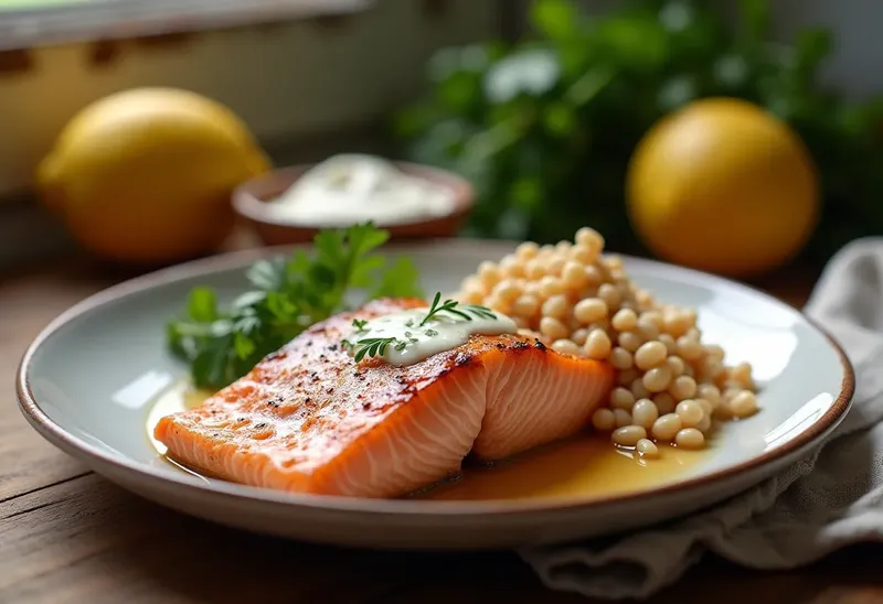 Saumon à l'unilatérale, blé tendre et sauce crème onctueuse
