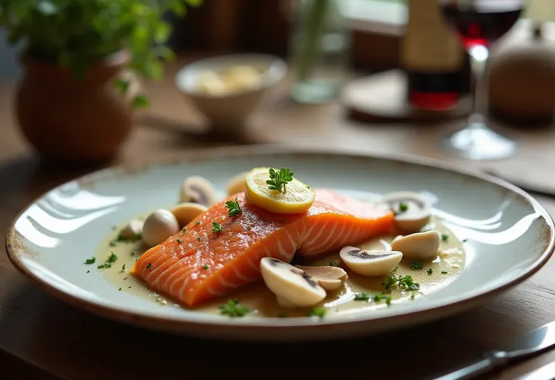 Saumon délicat au foie gras, cèpes et sauce au porto