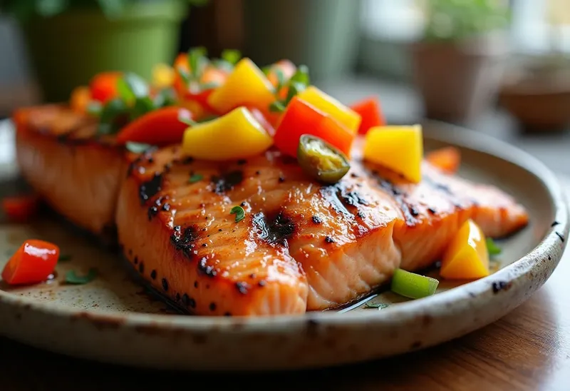 Saumon grillé aux trois poivrons colorés et sauce légère