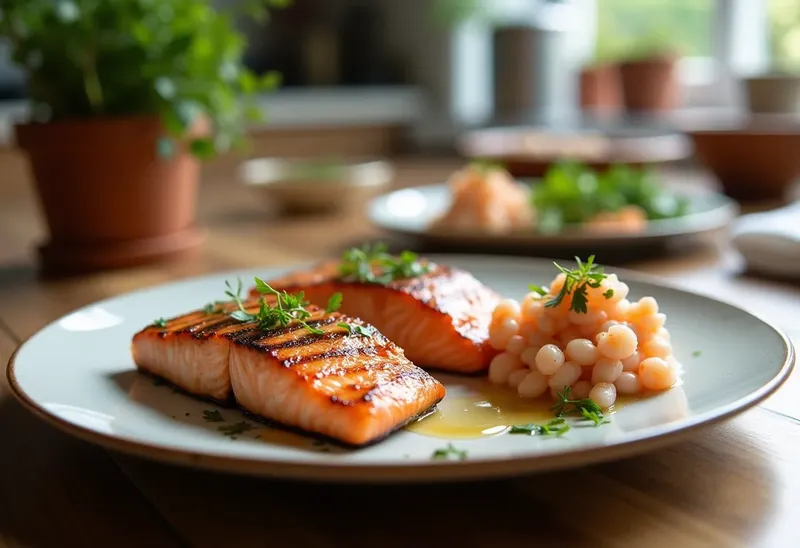 Saumon grillé façon Charminar et tartare de crevettes fraîches