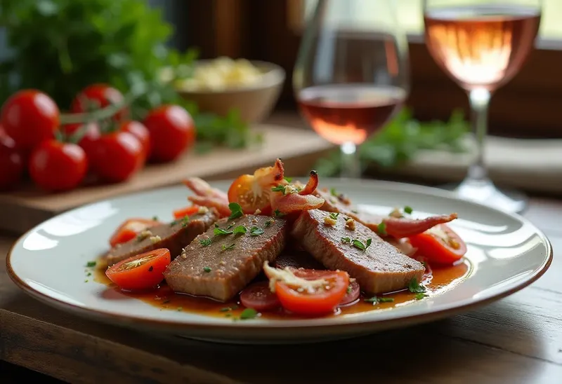 Sauté de veau aux tomates fraîches, lardons croustillants et vin rosé