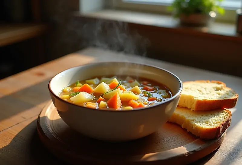 Soupe de légumes gourmande au pain grillé et gruyère fondant