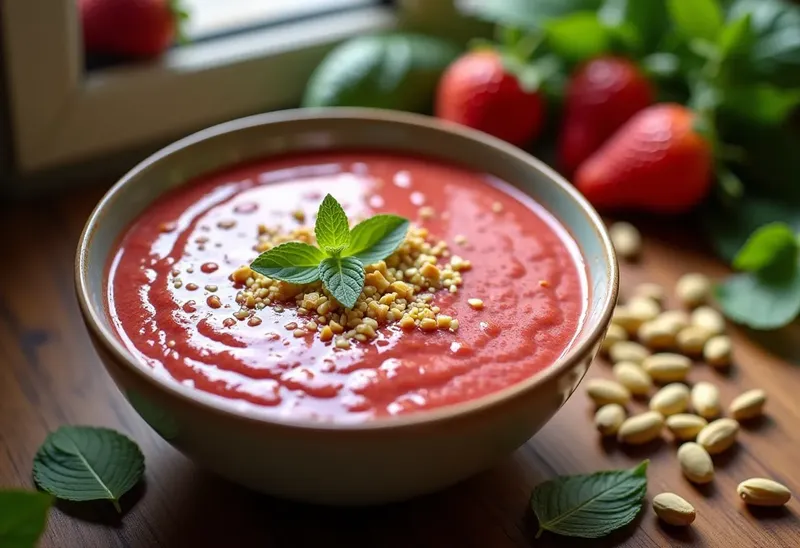 Soupe fraîche de pistaches et fraises : recette gourmande et saine