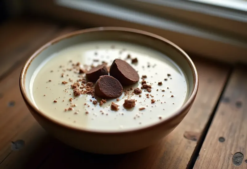 Soupe onctueuse au lait de coco et éclats de truffe au chocolat