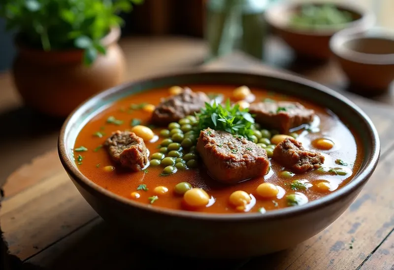 Soupe orientale savoureuse à l'agneau, pois chiches et lentilles