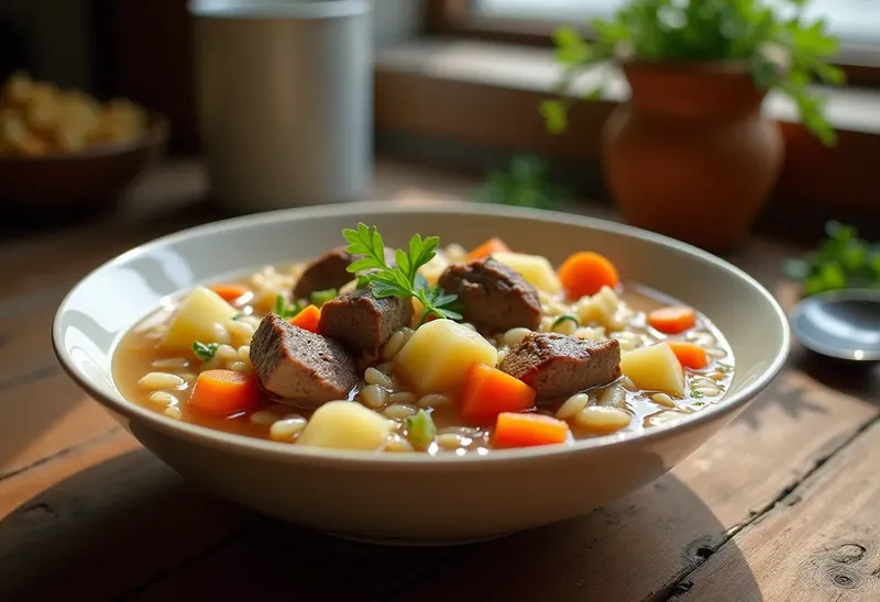 Soupe réconfortante de riz aux légumes et agneau façon Monténégro