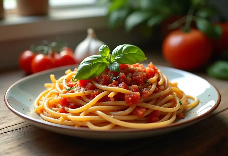 Spaghetti à la sauce tomate crue fraîche et savoureuse