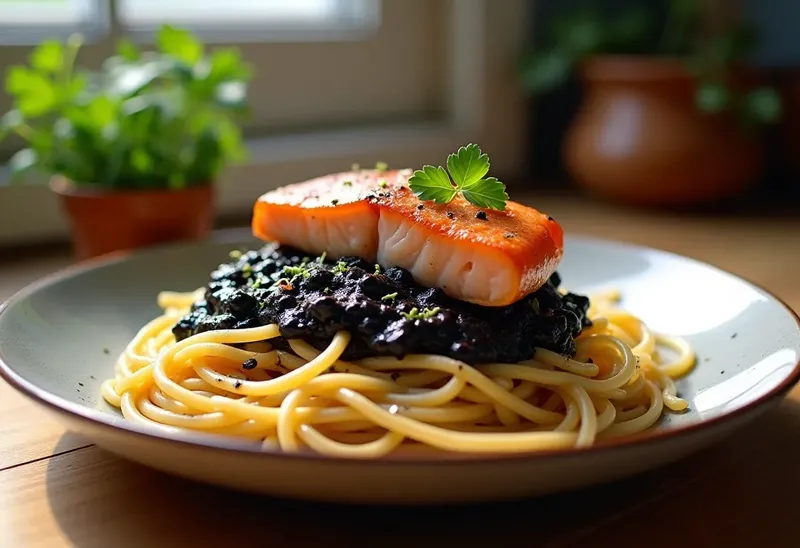 Spaghetti à l'encre de seiche et truite saumonée : recette gourmande et raffinée