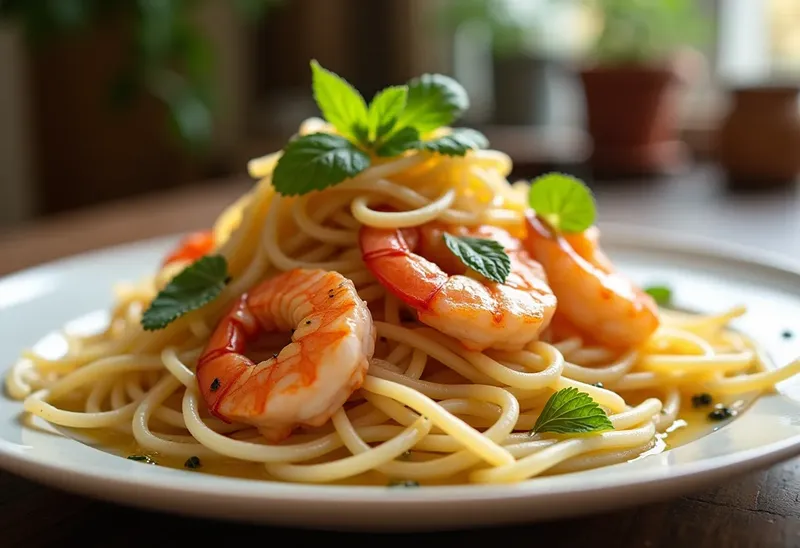 Spaghetti aux crevettes fraîches et menthe parfumée