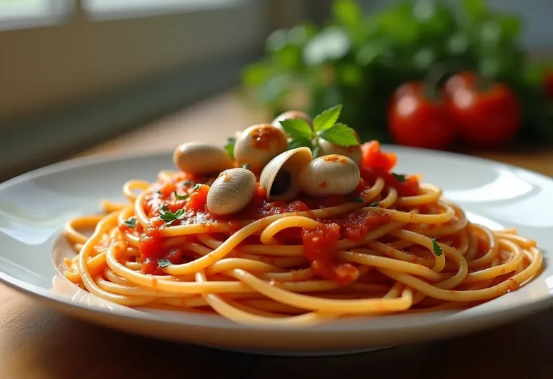 Spaghetti aux tomates fraîches et palourdes savoureuses