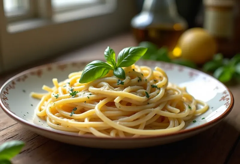 Spaghetti crémeux au fromage de chèvre et herbes fraîches