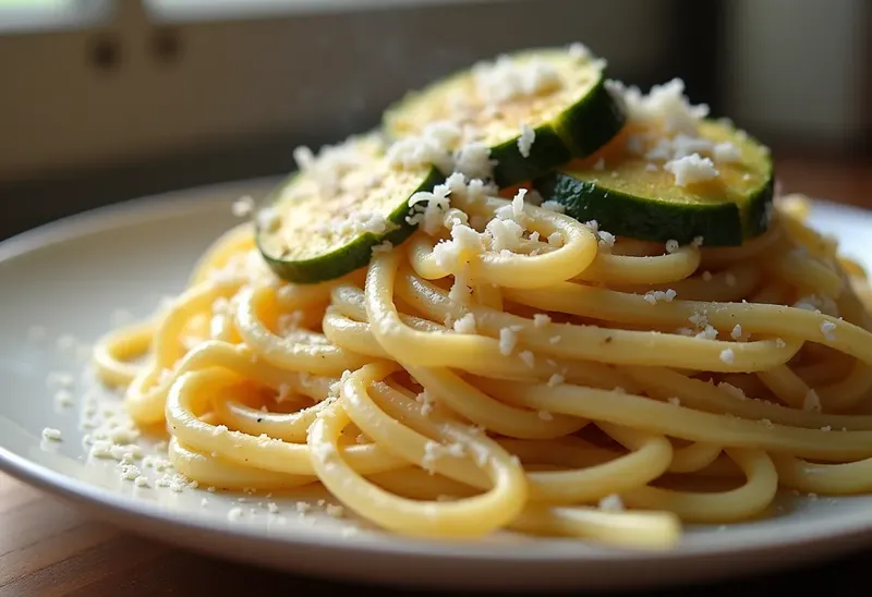 Spaghetti crémeux au parmesan et courgettes sautées