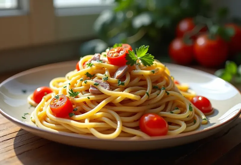 Spaghetti du Soleil aux Anchois et Tomates Méditerranéennes