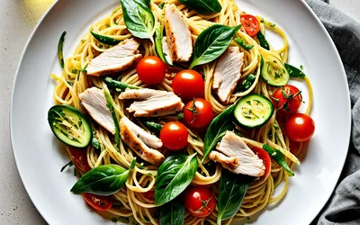 Photo de Recette facile de spaghetti primavera au poulet frais et savoureux