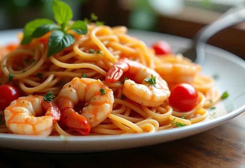 Spaghettis épicés aux crevettes sautées