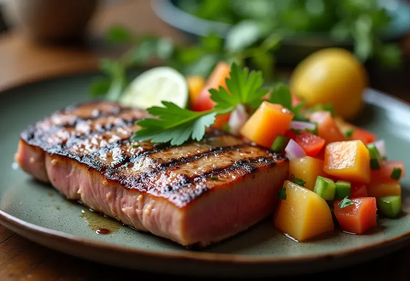Steak de thon grillé accompagné d'une salsa fraîche aux trois melons