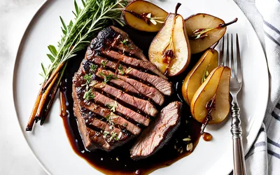 Recette facile de steak grillé aux poires caramélisées, plat gourmand et rapide