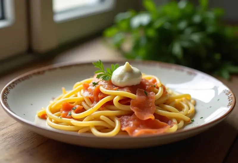 Tagliatelles au Saumon Fumé et Rocamadour Crémeux