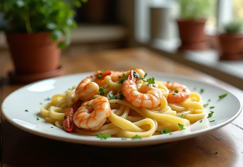 Tagliatelles aux crevettes fraîches et sauce crémeuse à l'ail