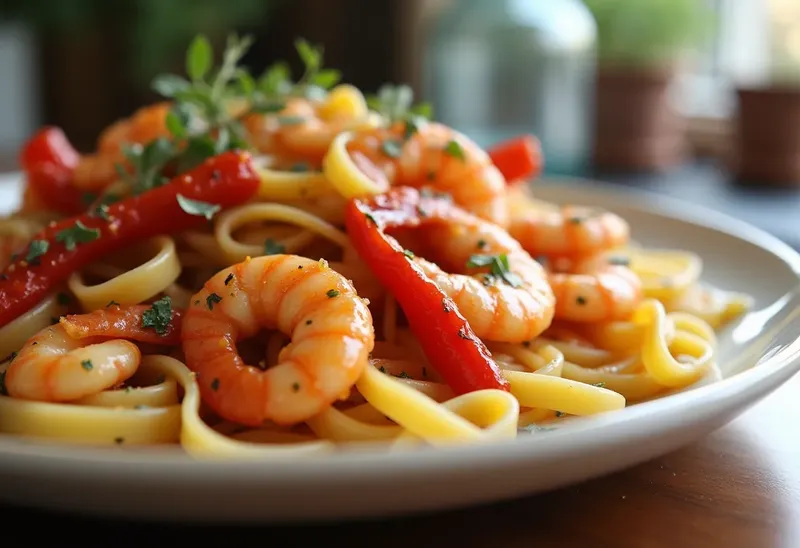 Tagliatelles aux gambas et poivrons rouges sautés
