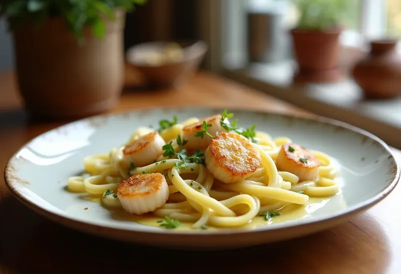 Tagliatelles fraîches à la fondue de poireaux, noix de pétoncles et sauce au champagne