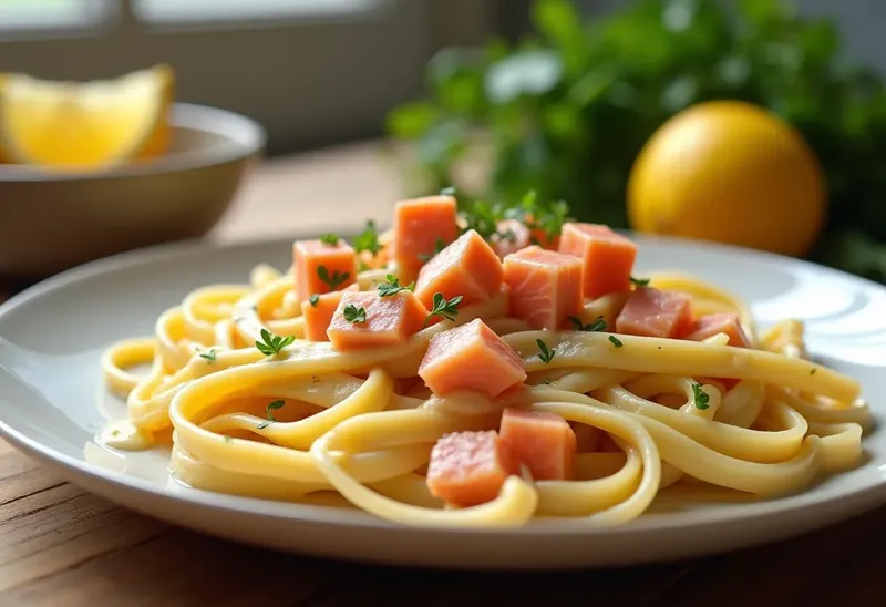 Tagliatelles fraîches au saumon en dés, sauce crémeuse citronnée