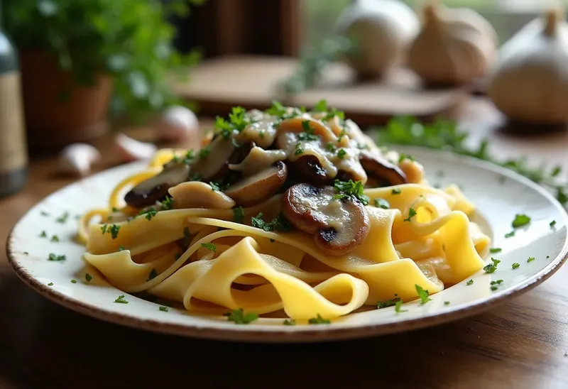 Tagliatelles fraîches aux champignons crémeux et herbes fraîches