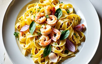 Tagliatelles fraîches aux crevettes et pétoncles, sauce safranée délicate