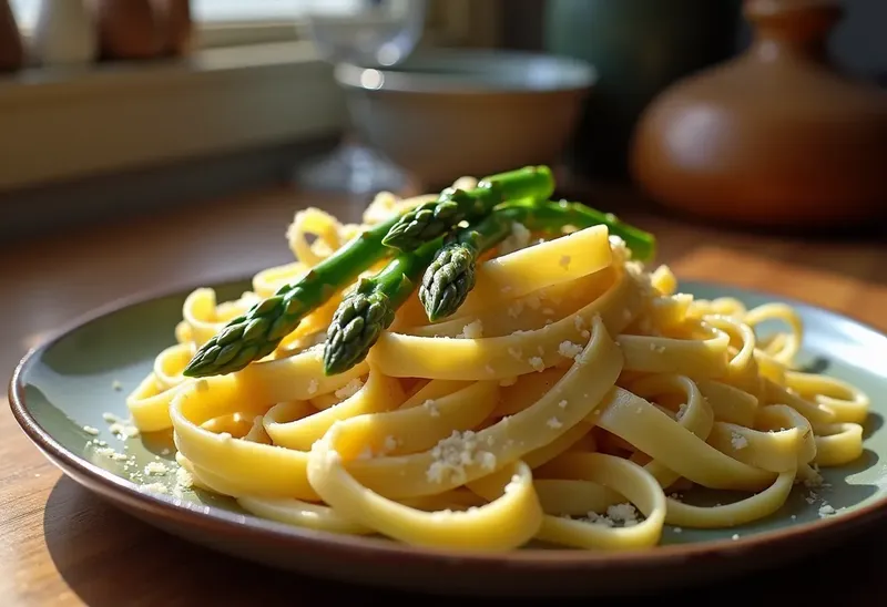 Tagliatelles fraîches aux pointes d'asperges vertes et crème légère