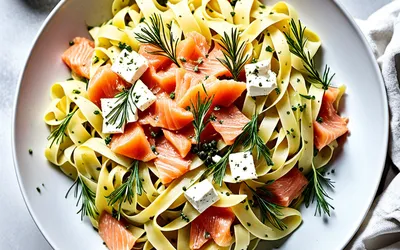 Tagliatelles froides au saumon fumé et feta - Recette fraîche et facile