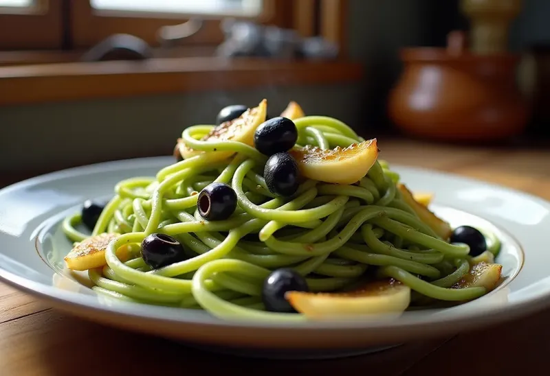 Tagliatelles vertes aux olives noires et fenouil fondant