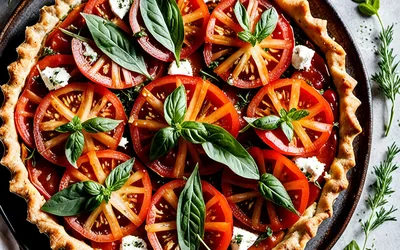Recette facile de tarte à la tomate, chèvre frais et herbes aromatiques