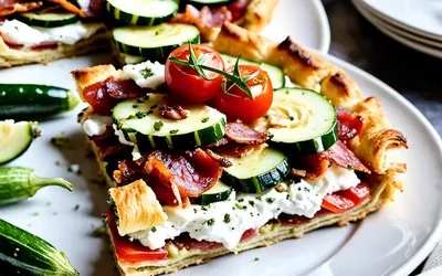 Photo de Recette facile de tarte feuilletée aux courgettes, chèvre et lardons ou tomate