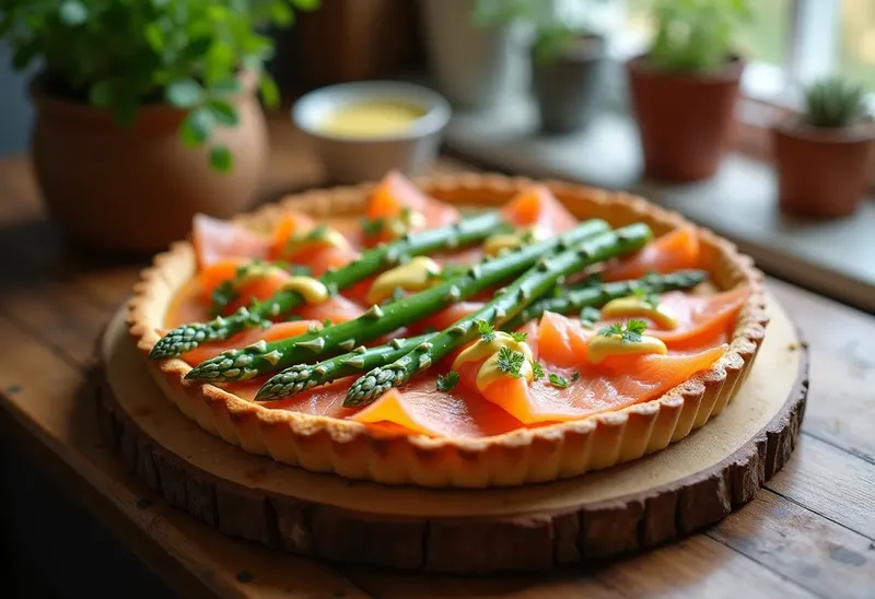 Tarte gourmande au saumon fumé, asperges vertes et bisque de homard