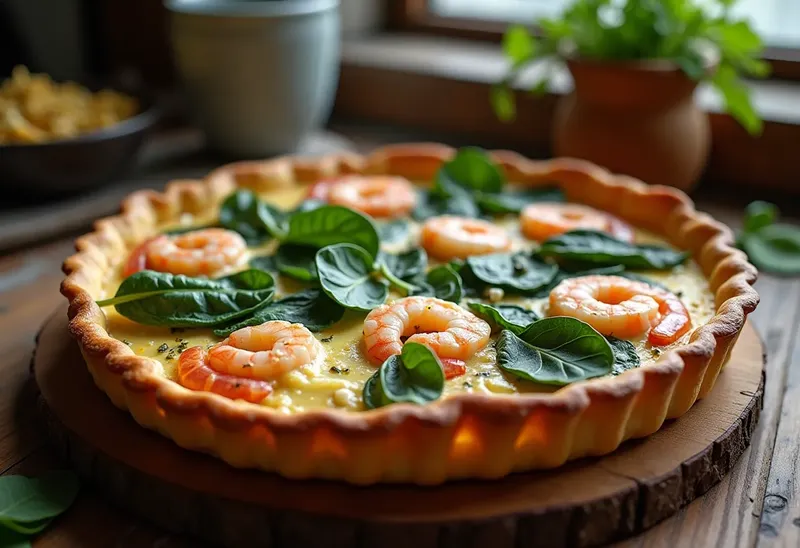 Tarte gourmande aux épinards frais et crevettes savoureuses