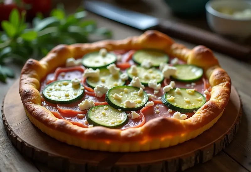 Tarte légère aux courgettes, jambon et chèvre gratiné