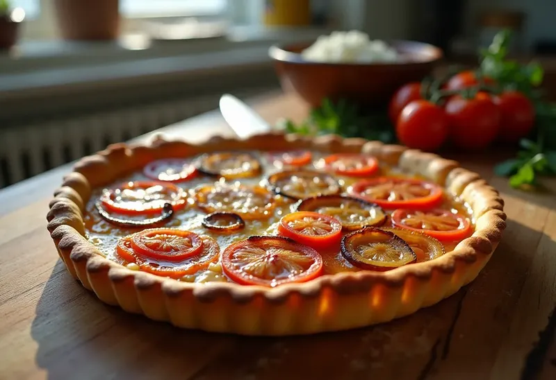 Tarte rustique à l'oignon caramélisé et tomates fraîches