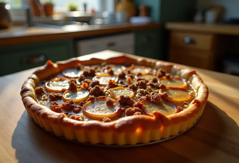 Tarte rustique aux oignons caramélisés et viande hachée