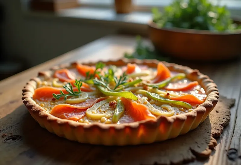 Tarte savoureuse au saumon frais et poireaux fondants