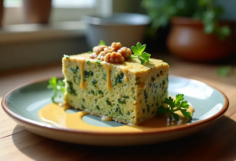 Terrine de brocolis onctueuse nappée d'une sauce crémeuse aux noix
