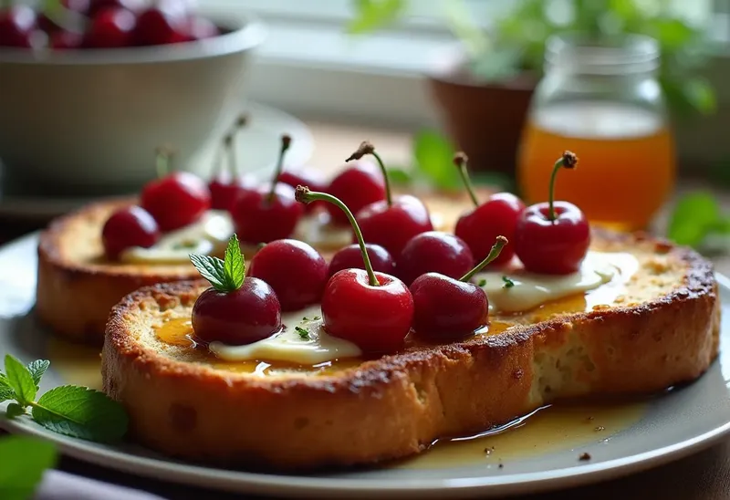 Toasts gourmands à la cerise fraîche et au fromage frais