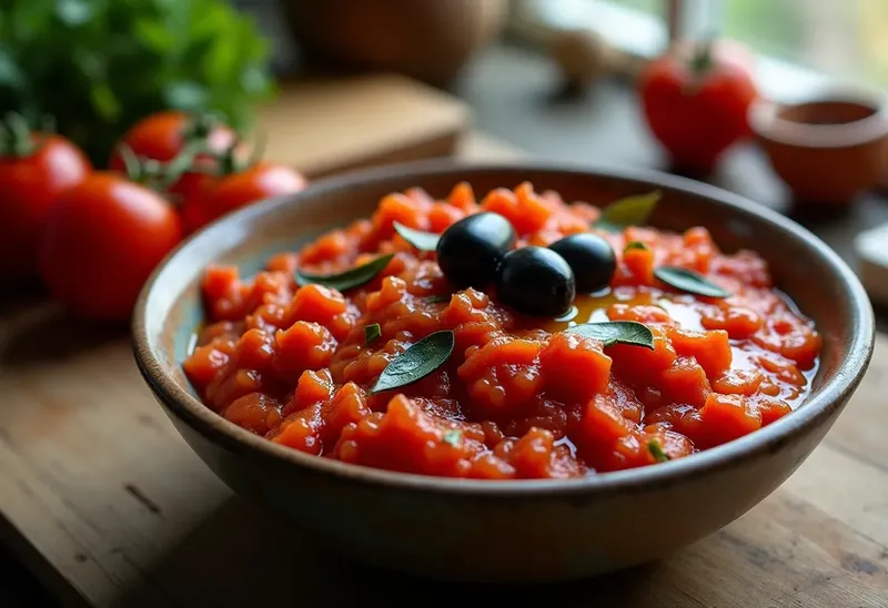 Tomates et poivrons concassés aux olives et anchois : recette savoureuse et facile