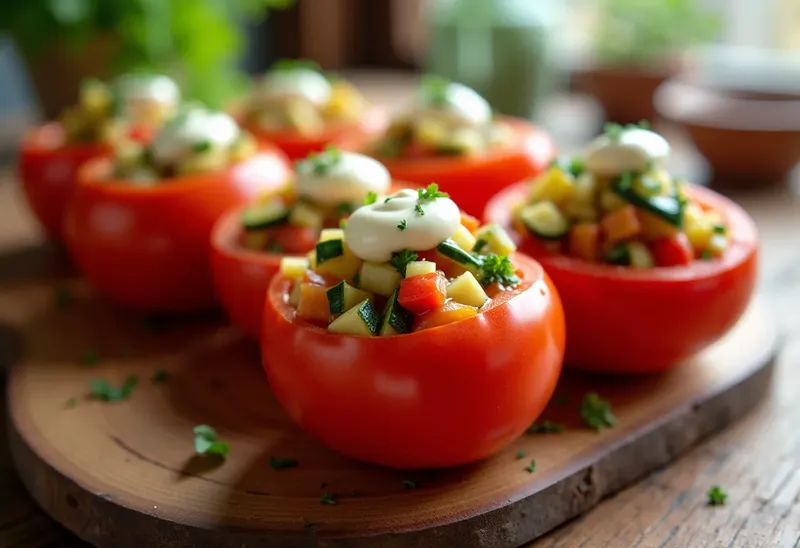 Tomates farcies aux légumes frais et mayonnaise maison