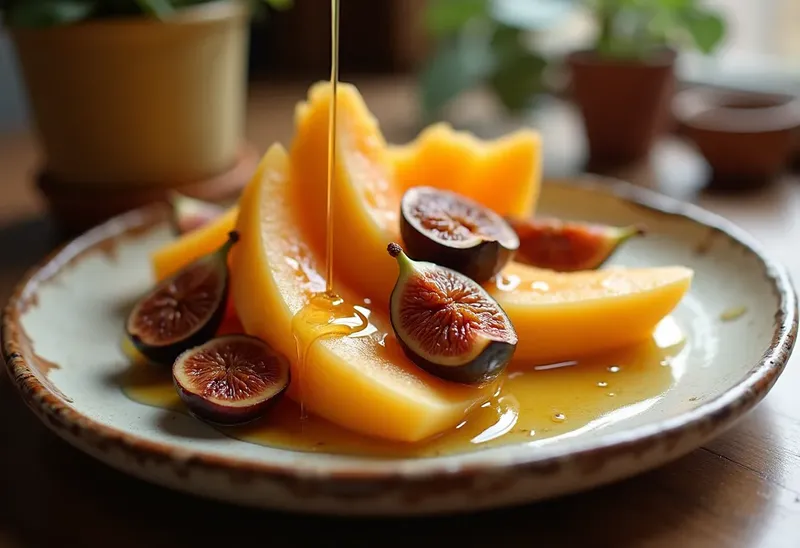 Turban de melon et figues poêlés au miel et vin de Maury, dessert raffiné et fruité